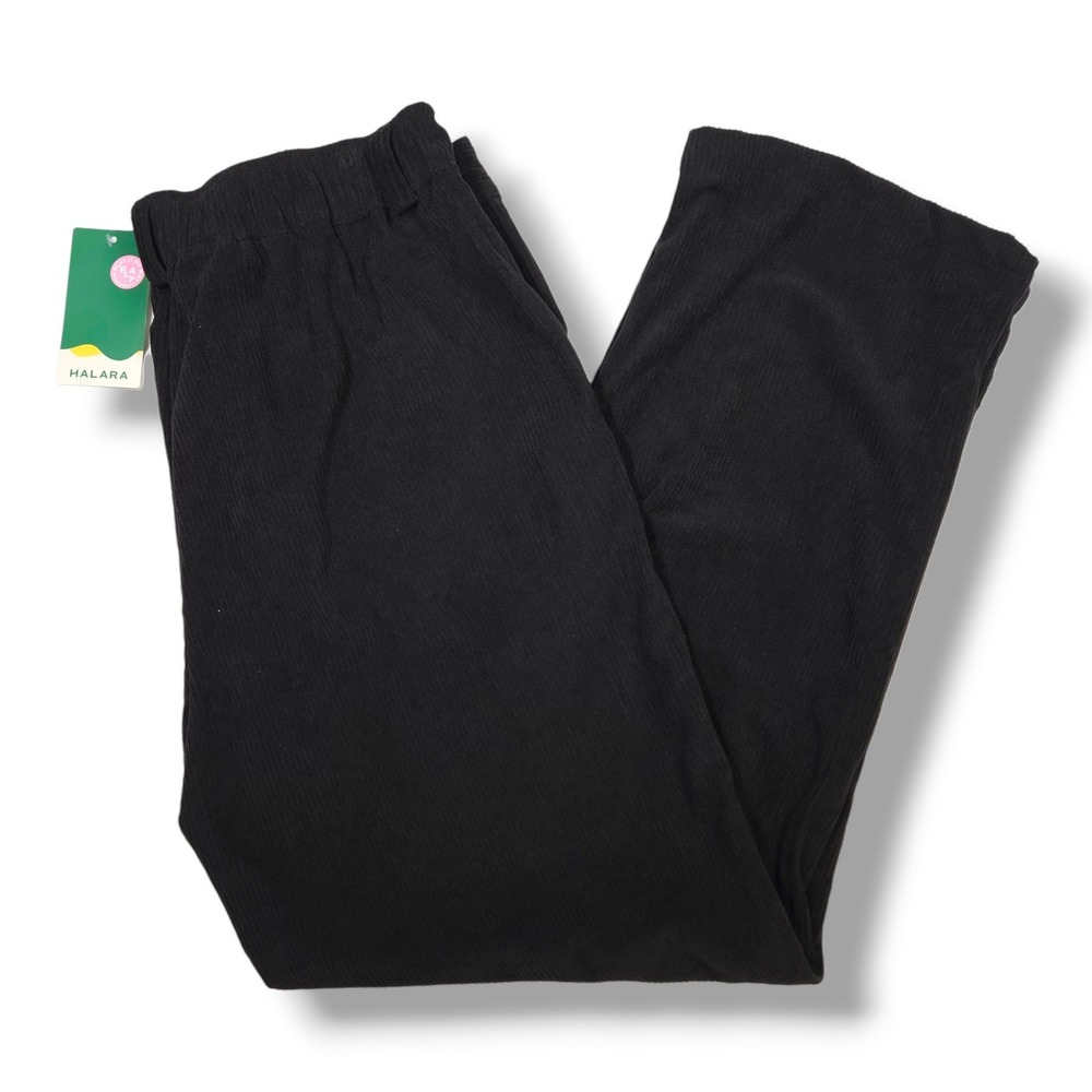Halara Wide‎ Leg Pants Ribbed Stretch Pull On Black Casual Lounge L NWT